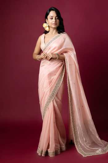 Buy_Monika Mathuria Datta_Peach Silk Embroidery, Zari Hand Saree _at_Aza_Fashions