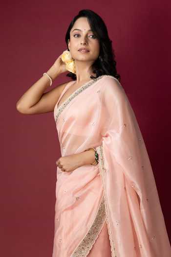 Monika Mathuria Datta_Peach Silk Embroidery, Zari Hand Saree _Online_at_Aza_Fashions