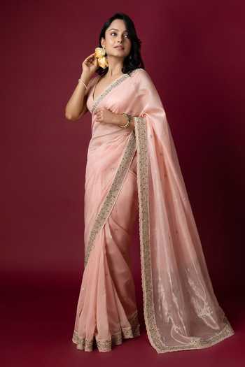 Shop_Monika Mathuria Datta_Peach Silk Embroidery, Zari Hand Saree _at_Aza_Fashions