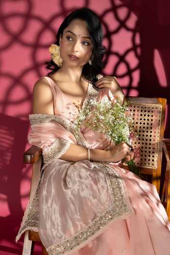 Shop_Monika Mathuria Datta_Peach Silk Embroidery, Zari Hand Saree _Online_at_Aza_Fashions