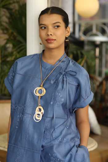 Bunka_Blue Chanderi Embroidery Mandarin Collar Yuki Top _Online_at_Aza_Fashions