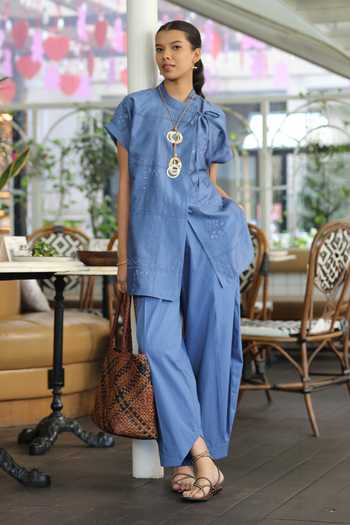 Shop_Bunka_Blue Chanderi Embroidery Mandarin Collar Yuki Top _at_Aza_Fashions