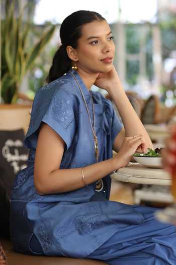 Buy_Bunka_Blue Chanderi Embroidery Mandarin Collar Yuki Top _Online_at_Aza_Fashions