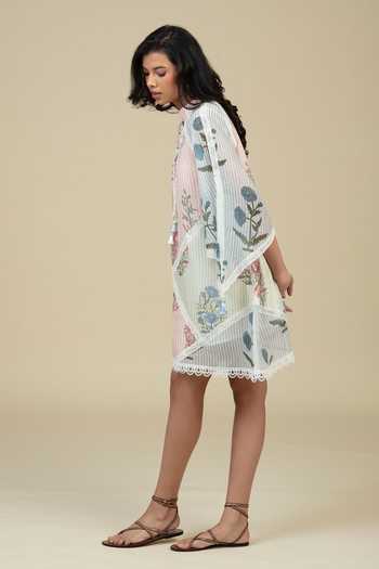Bunka_Multi Color Voile Embroidery, Tassels, Lace Mandarin Collar Vira Printed Dress  _Online_at_Aza_Fashions