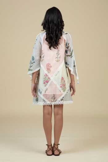 Shop_Bunka_Multi Color Voile Embroidery, Tassels, Lace Mandarin Collar Vira Printed Dress  _at_Aza_Fashions