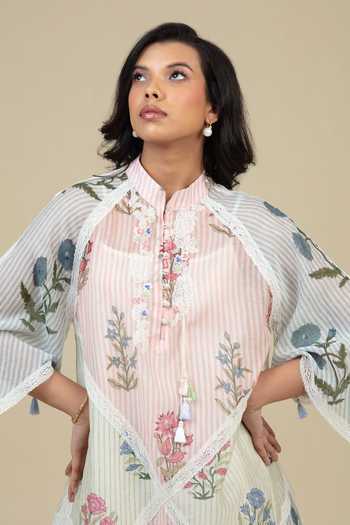 Shop_Bunka_Multi Color Voile Embroidery, Tassels, Lace Mandarin Collar Vira Printed Dress  _Online_at_Aza_Fashions