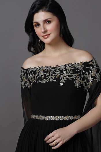 Pooja Peshoria_Black Georgette, Net Embroidery, Sequins, Beads, Crystals Neckline Gown _Online_at_Aza_Fashions
