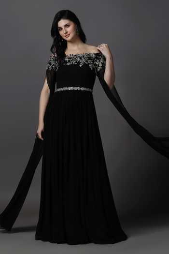 Buy_Pooja Peshoria_Black Georgette, Net Embroidery, Sequins, Beads, Crystals Neckline Gown _Online_at_Aza_Fashions