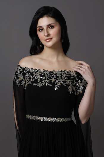 Shop_Pooja Peshoria_Black Georgette, Net Embroidery, Sequins, Beads, Crystals Neckline Gown _Online_at_Aza_Fashions