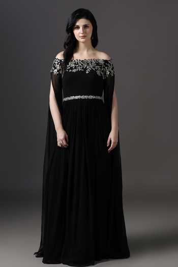 Pooja Peshoria_Black Georgette, Net Embroidery, Sequins, Beads, Crystals Neckline Gown _at_Aza_Fashions