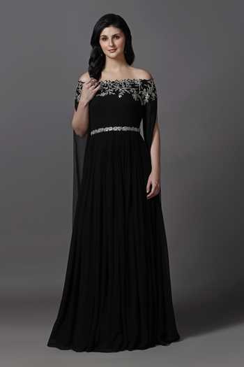 Buy_Pooja Peshoria_Black Georgette, Net Embroidery, Sequins, Beads, Crystals Neckline Gown 