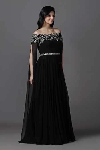 Shop_Pooja Peshoria_Black Georgette, Net Embroidery, Sequins, Beads, Crystals Neckline Gown 