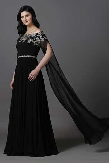 Pooja Peshoria_Black Georgette, Net Embroidery, Sequins, Beads, Crystals Neckline Gown _Online