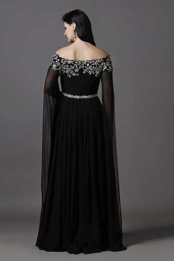 Shop_Pooja Peshoria_Black Georgette, Net Embroidery, Sequins, Beads, Crystals Neckline Gown _at_Aza_Fashions