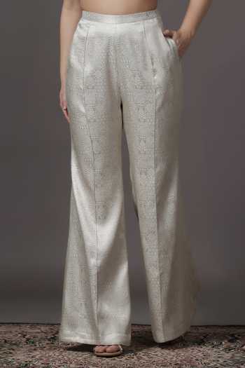 Pooja Peshoria_Ivory Silk, Brocade Embroidery, Sequins, Beads, Neckline Kurta And Palazzo Set _Online_at_Aza_Fashions