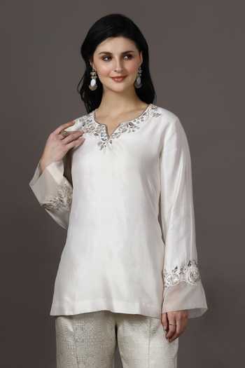 Shop_Pooja Peshoria_Ivory Silk, Brocade Embroidery, Sequins, Beads, Neckline Kurta And Palazzo Set _Online_at_Aza_Fashions