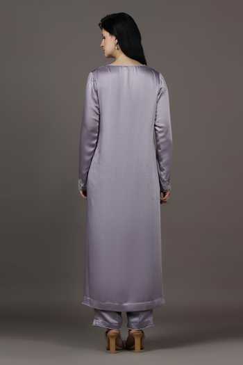 Shop_Pooja Peshoria_Purple Satin, Shantoon Sequins, Beads, Placement Embroidered Kurta And Pant Set _at_Aza_Fashions