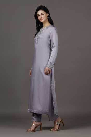 Pooja Peshoria_Purple Satin, Shantoon Sequins, Beads, Placement Embroidered Kurta And Pant Set _Online_at_Aza_Fashions