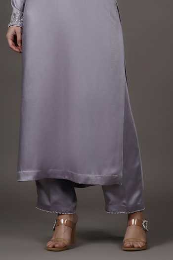 Shop_Pooja Peshoria_Purple Satin, Shantoon Sequins, Beads, Placement Embroidered Kurta And Pant Set _Online_at_Aza_Fashions