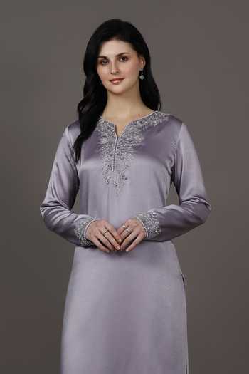 Pooja Peshoria_Purple Satin, Shantoon Sequins, Beads, Placement Embroidered Kurta And Pant Set _at_Aza_Fashions