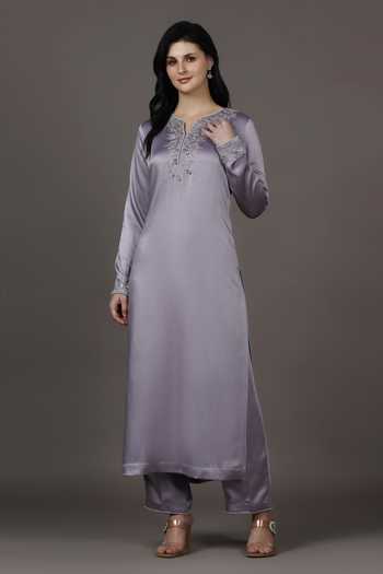 Shop_Pooja Peshoria_Purple Satin, Shantoon Sequins, Beads, Placement Embroidered Kurta And Pant Set 