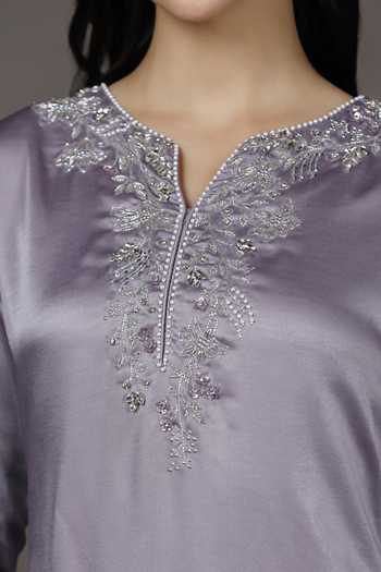 Pooja Peshoria_Purple Satin, Shantoon Sequins, Beads, Placement Embroidered Kurta And Pant Set _Online