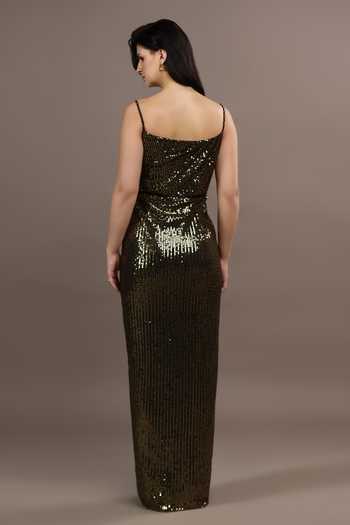 Shop_Pooja Peshoria_Black Sequins Square Neck Hand Embroidered Draped Gown _at_Aza_Fashions
