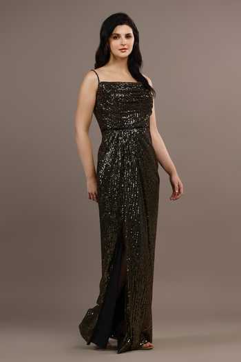 Pooja Peshoria_Black Sequins Square Neck Hand Embroidered Draped Gown _Online_at_Aza_Fashions