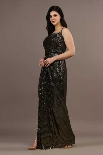 Buy_Pooja Peshoria_Black Sequins Square Neck Hand Embroidered Draped Gown _Online_at_Aza_Fashions