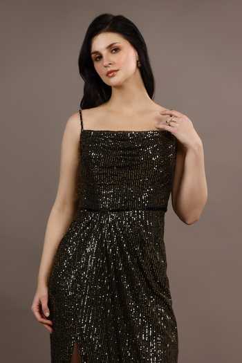 Shop_Pooja Peshoria_Black Sequins Square Neck Hand Embroidered Draped Gown _Online_at_Aza_Fashions