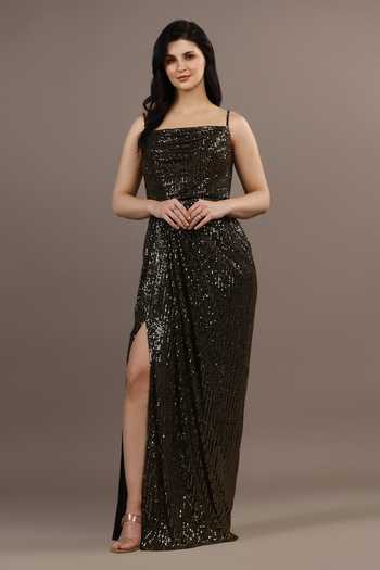 Buy_Pooja Peshoria_Black Sequins Square Neck Hand Embroidered Draped Gown _at_Aza_Fashions
