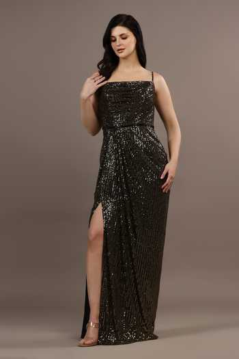 Pooja Peshoria_Black Sequins Square Neck Hand Embroidered Draped Gown _at_Aza_Fashions