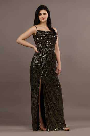 Buy_Pooja Peshoria_Black Sequins Square Neck Hand Embroidered Draped Gown 
