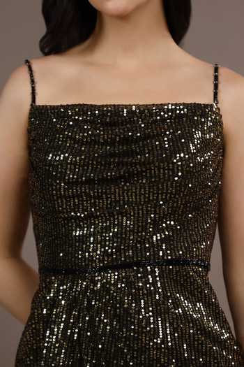 Shop_Pooja Peshoria_Black Sequins Square Neck Hand Embroidered Draped Gown 