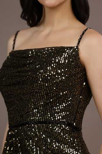 Pooja Peshoria_Black Sequins Square Neck Hand Embroidered Draped Gown _Online