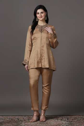 Shop_Pooja Peshoria_Gold Tissue, Shantoon Sequins, Beads, Cut Placement Embroidered Kurta And Pant Set _Online_at_Aza_Fashions