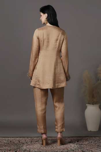 Shop_Pooja Peshoria_Gold Tissue, Shantoon Sequins, Beads, Cut Placement Embroidered Kurta And Pant Set _at_Aza_Fashions