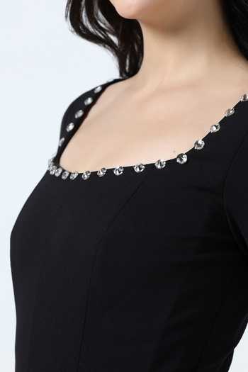 Buy_Pooja Peshoria_Black Knit Crystals Square Neck Neckline Embellished Dress _Online_at_Aza_Fashions