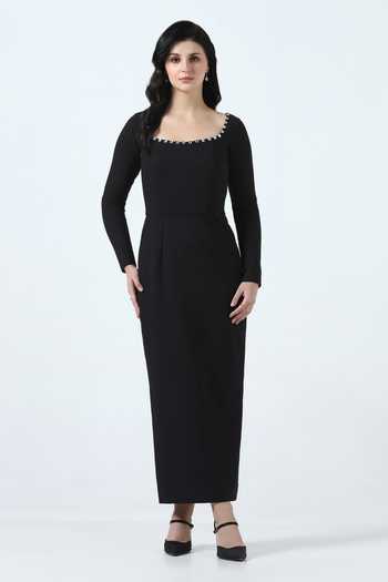 Buy_Pooja Peshoria_Black Knit Crystals Square Neck Neckline Embellished Dress _at_Aza_Fashions