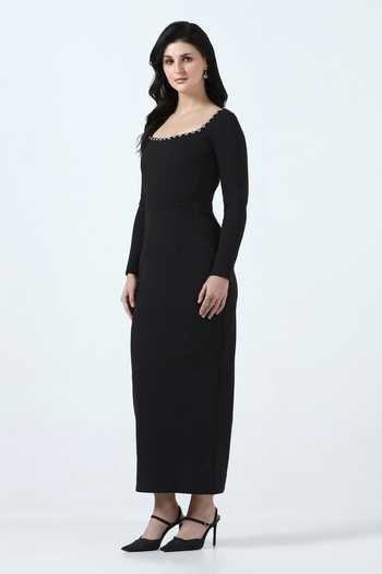 Shop_Pooja Peshoria_Black Knit Crystals Square Neck Neckline Embellished Dress _Online_at_Aza_Fashions