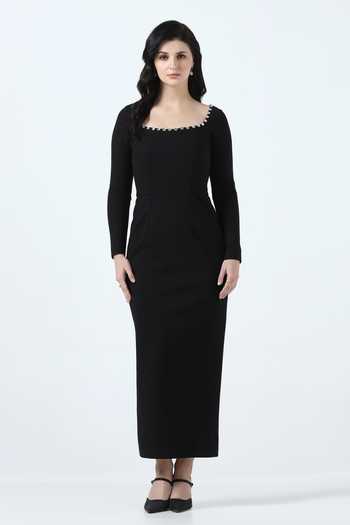 Pooja Peshoria_Black Knit Crystals Square Neck Neckline Embellished Dress _at_Aza_Fashions