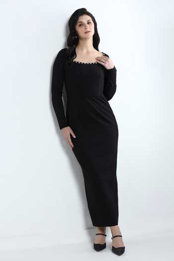 Buy_Pooja Peshoria_Black Knit Crystals Square Neck Neckline Embellished Dress 