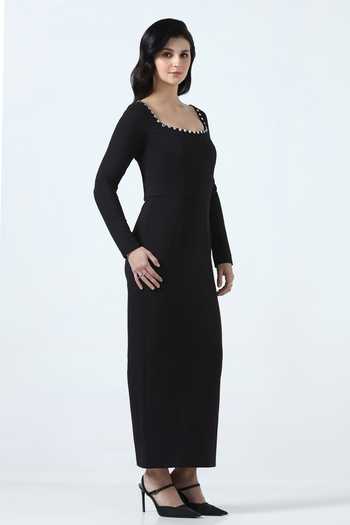Shop_Pooja Peshoria_Black Knit Crystals Square Neck Neckline Embellished Dress 