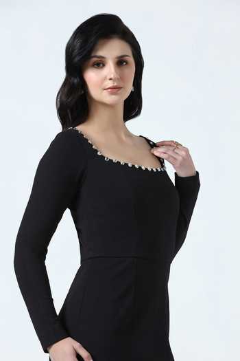 Pooja Peshoria_Black Knit Crystals Square Neck Neckline Embellished Dress _Online