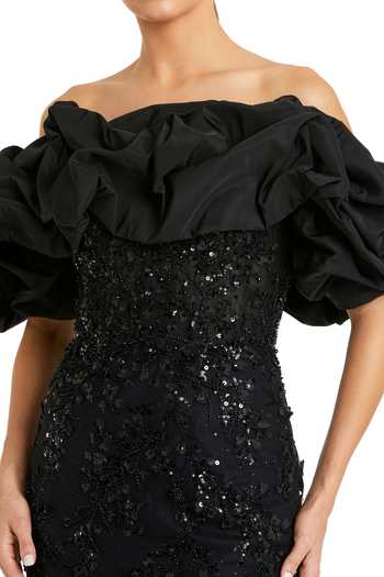 Mac Duggal_Black Polyester Sequins, Beads Off-shoulder Embellished Gown _Online_at_Aza_Fashions