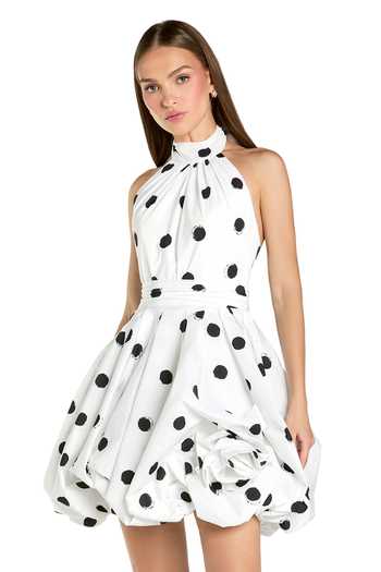 Mac Duggal_Ivory Polyester Fabric Flowers Halter Neck Polka Dot Pattern Dress _Online_at_Aza_Fashions