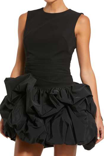 Mac Duggal_Black Polyester Round , High , Crew Bubble Hem Dress _Online_at_Aza_Fashions