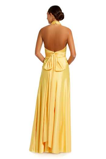 Shop_Mac Duggal_Yellow Polyester Bows Halter Neck Ruched Bodice Gown _at_Aza_Fashions
