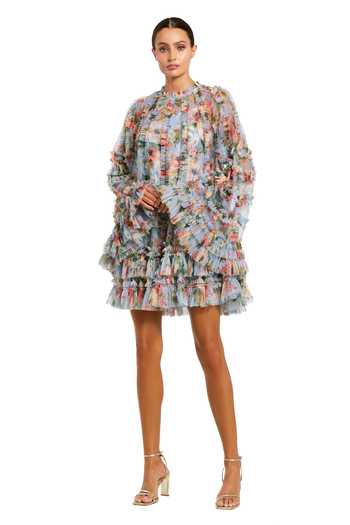 Buy_Mac Duggal_Blue Polyester Ruffles High Neck Tiered Floral Print Dress _at_Aza_Fashions