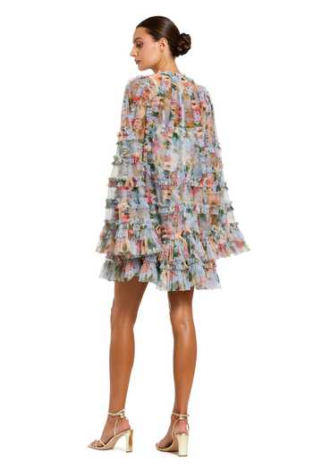 Shop_Mac Duggal_Blue Polyester Ruffles High Neck Tiered Floral Print Dress _at_Aza_Fashions